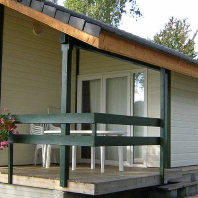 Sun chalets on campsite in French Alps